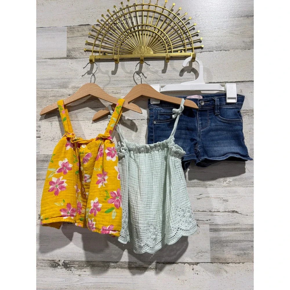 Old Navy Modern Moments Outfit Set Girls 5T Green Yellow Floral Denim Boho EUC